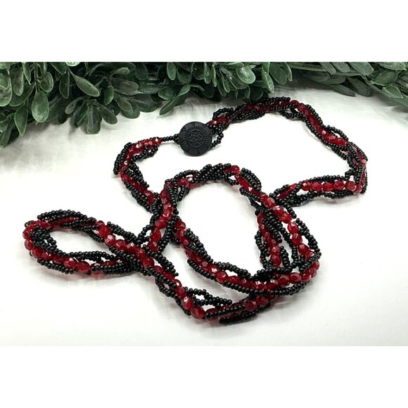 Handmade Beaded Red and Black Twisted Necklace With Button Clasp - Picture 4 of 6